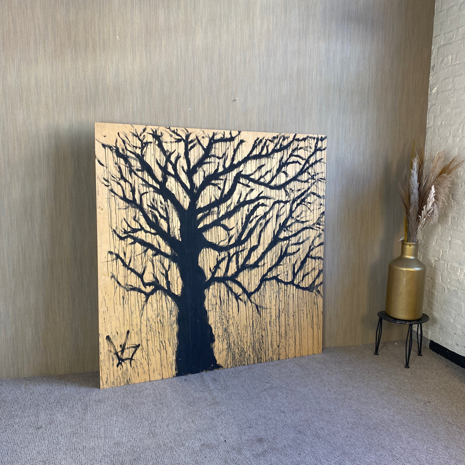 Kunst Schwarzer Baum auf Holzplatte Multiplex Malerei