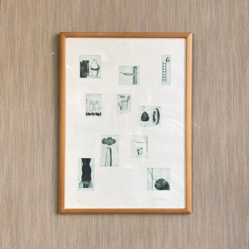 Bild mit Rahmen gebraucht grün Radierung Holz Glas 53 x 73