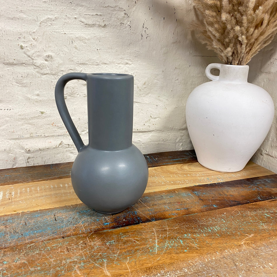 Vase grau Keramik Blumenvase mit Henkel Deko 21cm