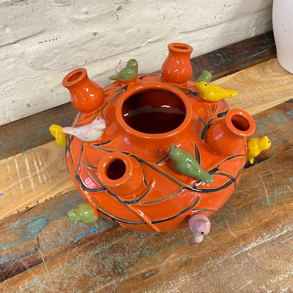 Vase orange bunt Keramik Vogel Blumenvase 16cm Deko