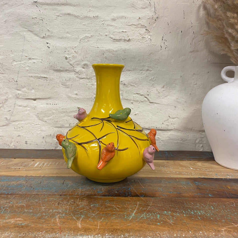 Vase gelb Keramik Vogel Blumenvase Deko 23cm