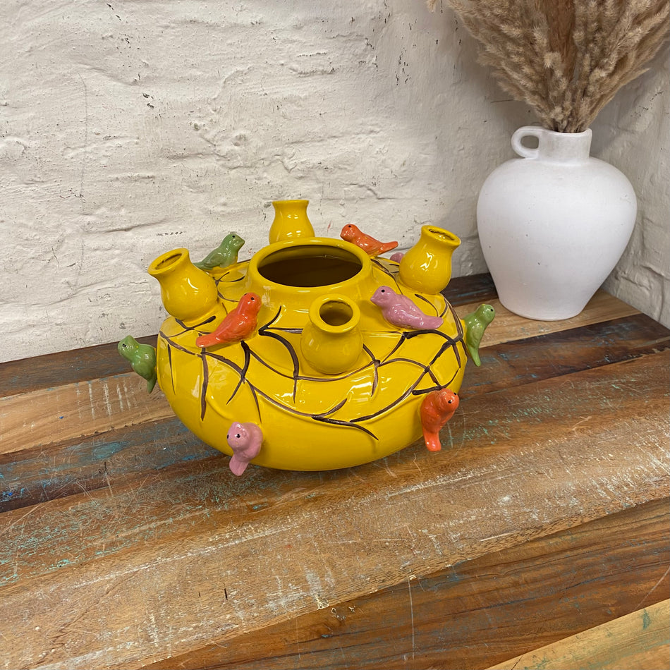 Vase gelb bunt Keramik Vogel Blumenvase 20cm Deko