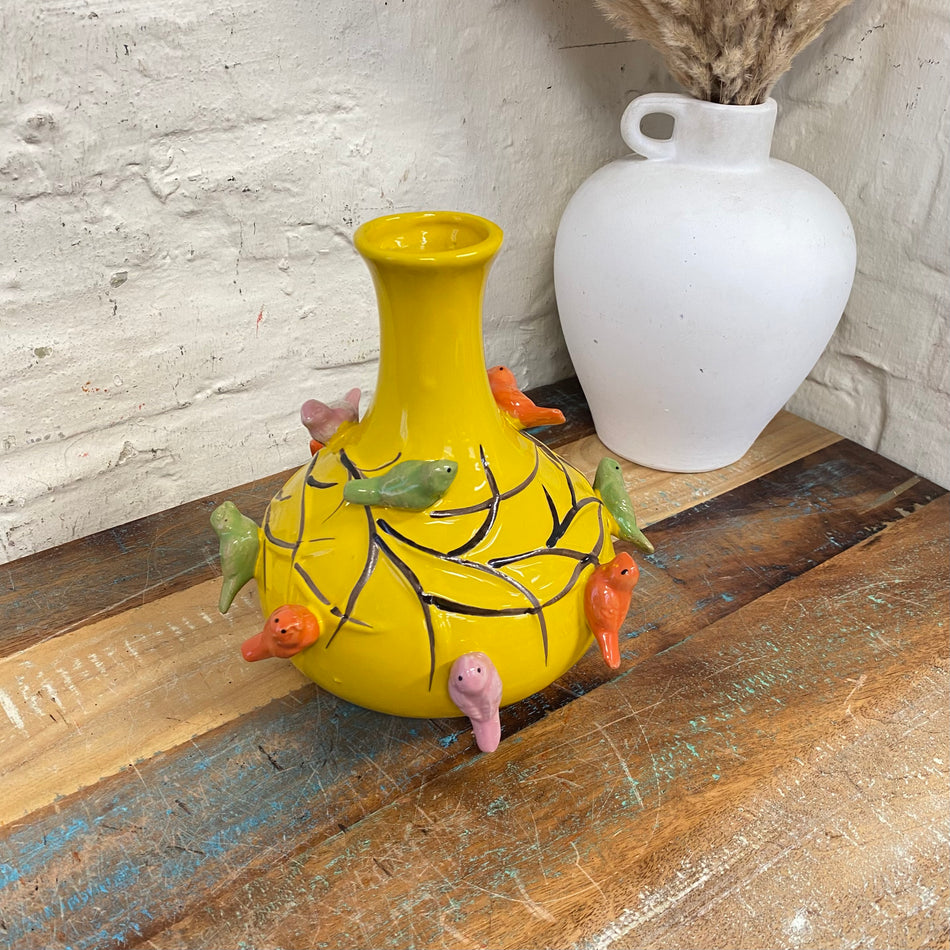 Vase gelb bunt Keramik Vogel Blumenvase 20cm