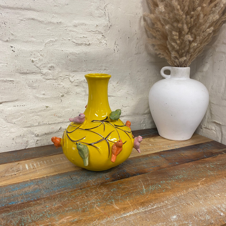 Vase gelb Keramik Vogel Blumenvase Deko 23cm