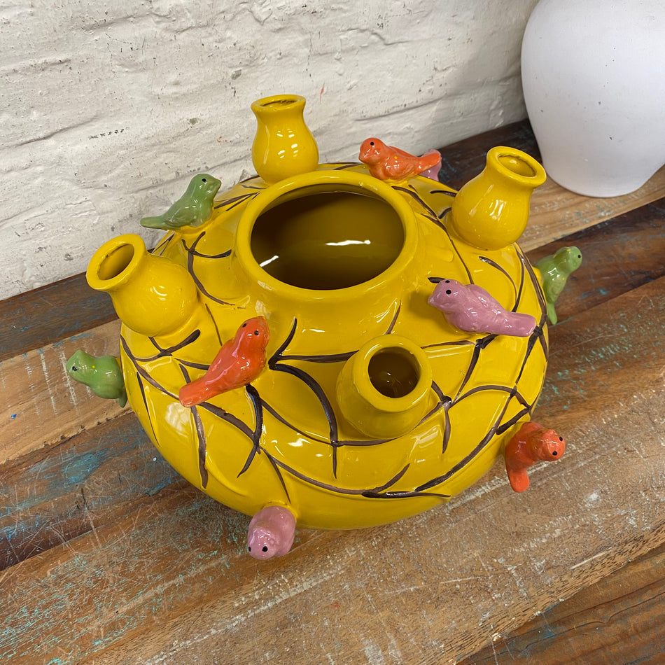 Vase gelb bunt Keramik Vogel Blumenvase 20cm Deko