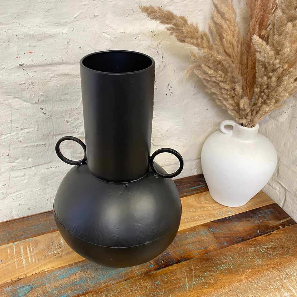 Vase schwarz Metall mit Henkel Deko Blumenvase 30cm