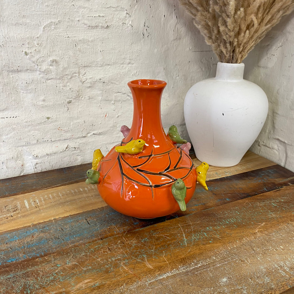 Vase orange Keramik Vogel Blumenvase Deko 25cm