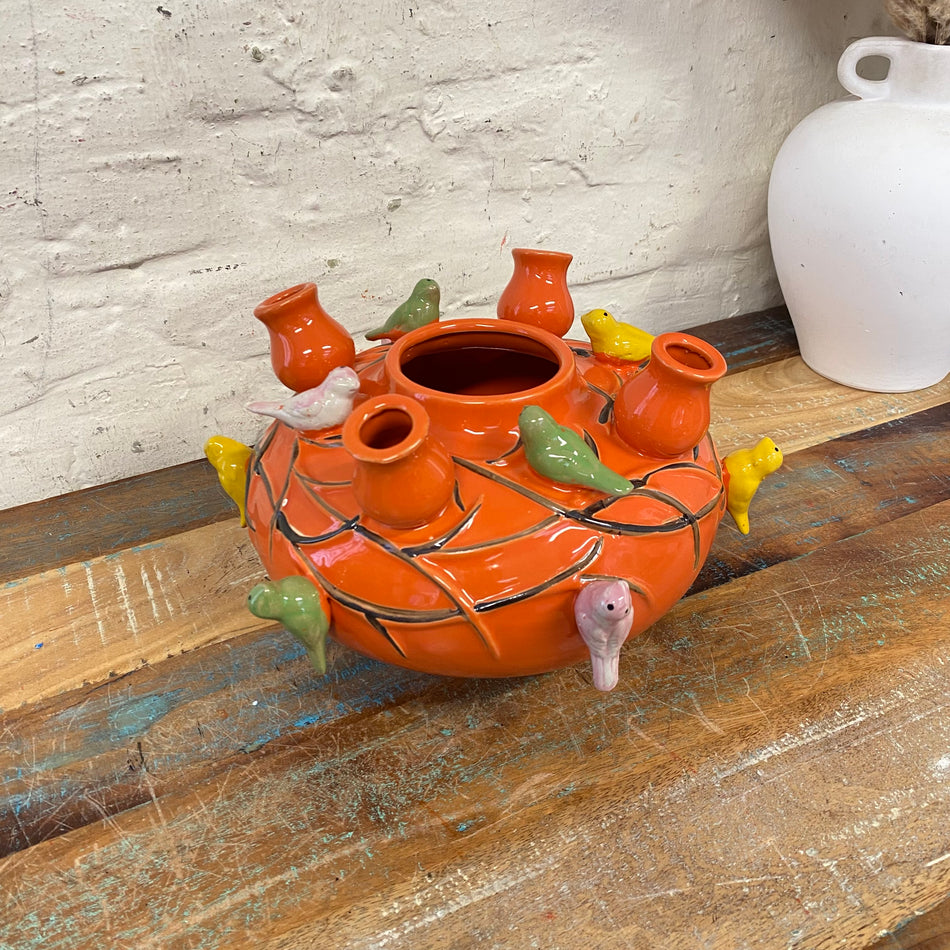 Vase orange bunt Keramik Vogel Blumenvase 16cm Deko