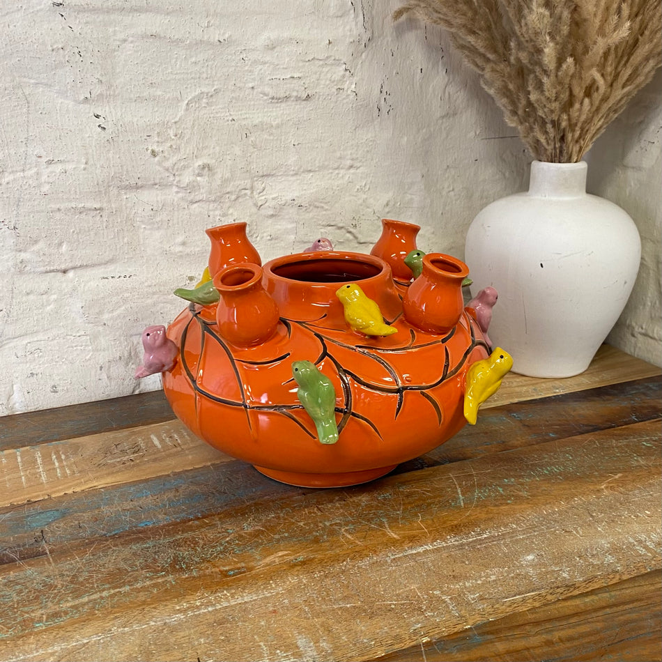 Vase orange Keramik bunt Vögel Deko Blumenvase