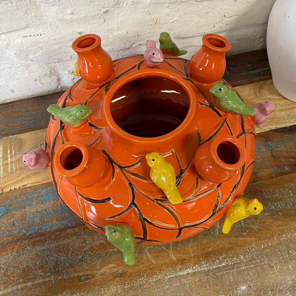 Vase orange Keramik bunt Vögel Deko Blumenvase