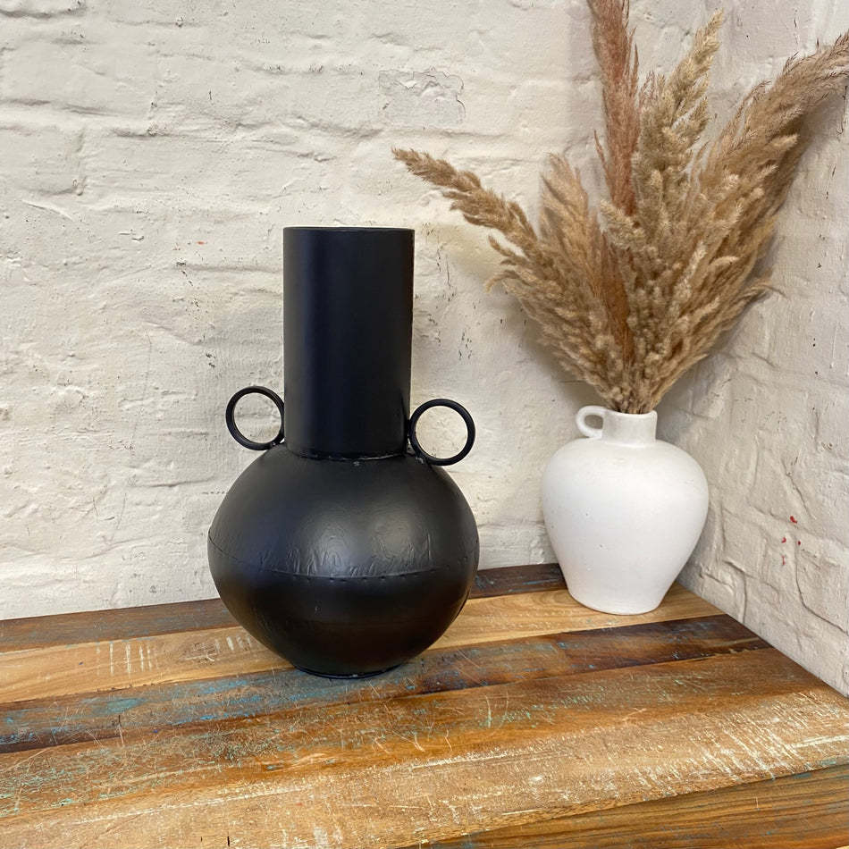 Vase schwarz Metall mit Henkel Deko Blumenvase 30cm