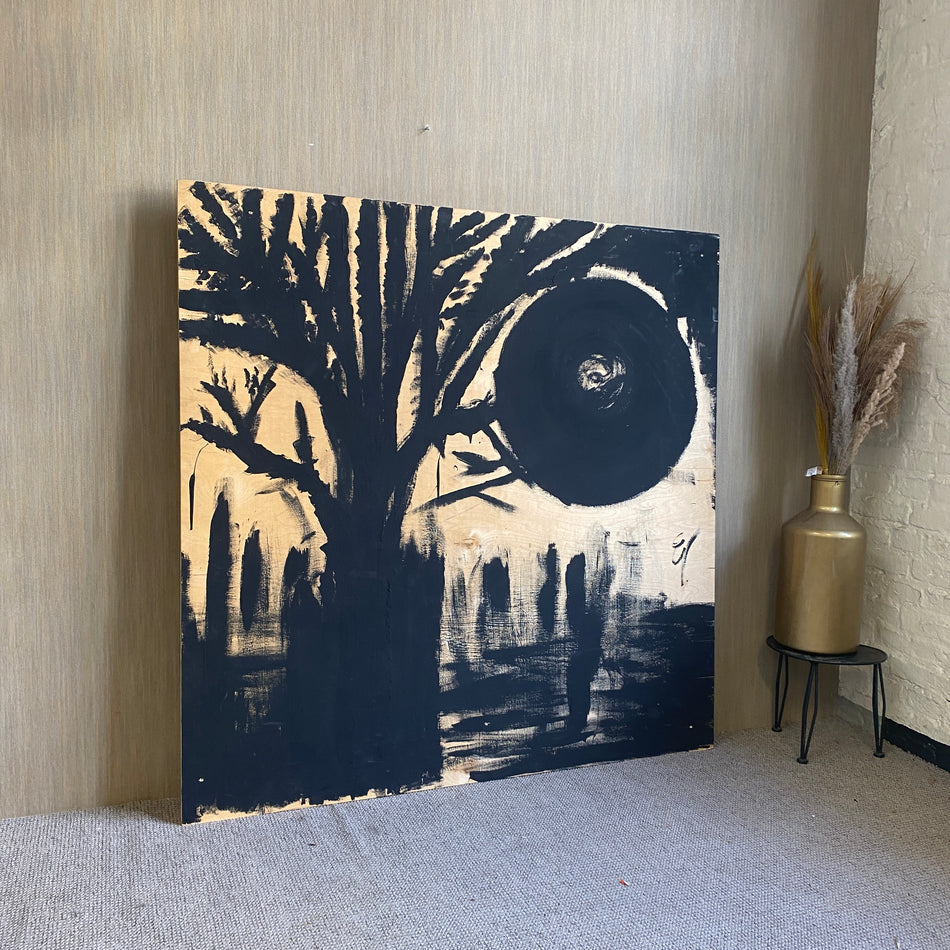 Kunst Schwarzer Baum Kreis auf Holzplatte Multiplex Malerei