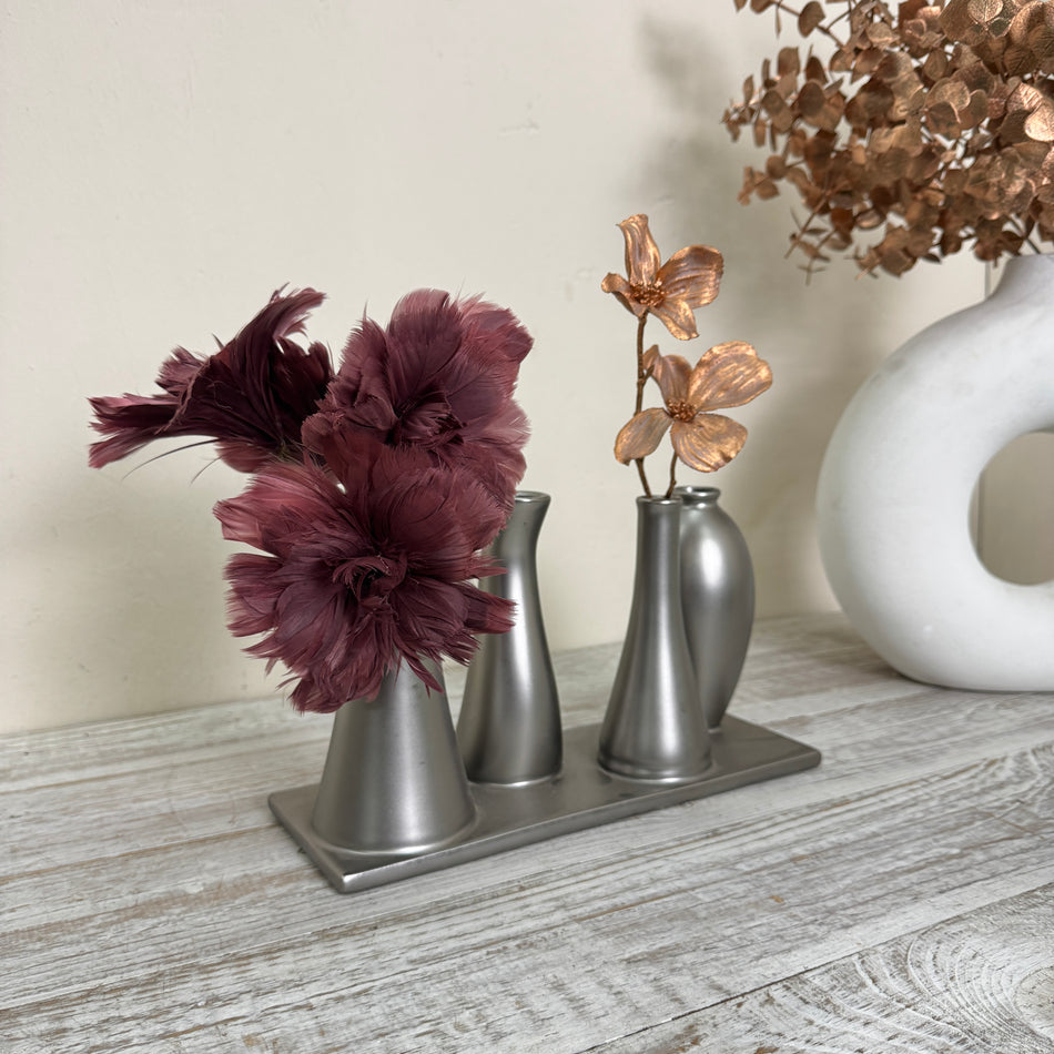 Mehrfach-Vase 4 Öffnungen Röhrenvase Tischdeko Metall Silber Vase Gebraucht