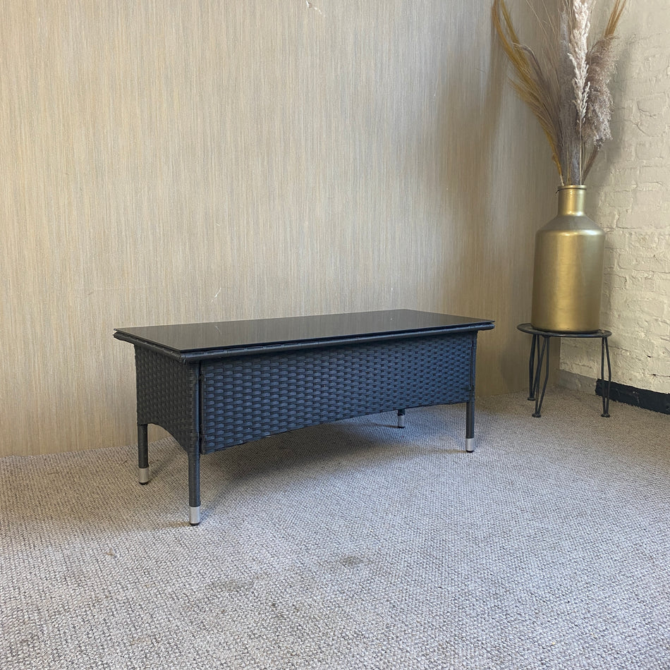 Outdoor Glas Couchtisch schwarz Rattan Gartentisch