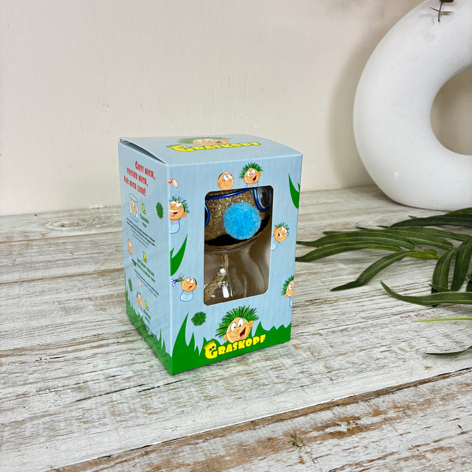 Graskopf Im Glas Blau 12cm Gesicht Pflanze Pflanz-Set Grasgesicht Deko