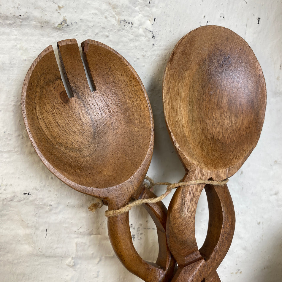 Salatbesteck dunkel braun Akazienholz 30cm Löffel & Gabel 2er Set