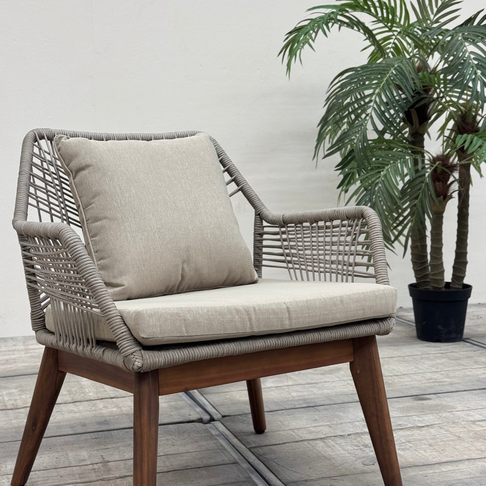Design Outdoor Sessel Beige Geflecht Holz Garten Loungesessel