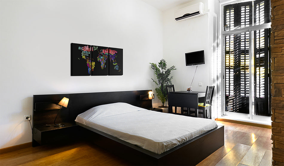 Wandbild - Weltkarte - Text schwarz bunt 120x60 3teilig