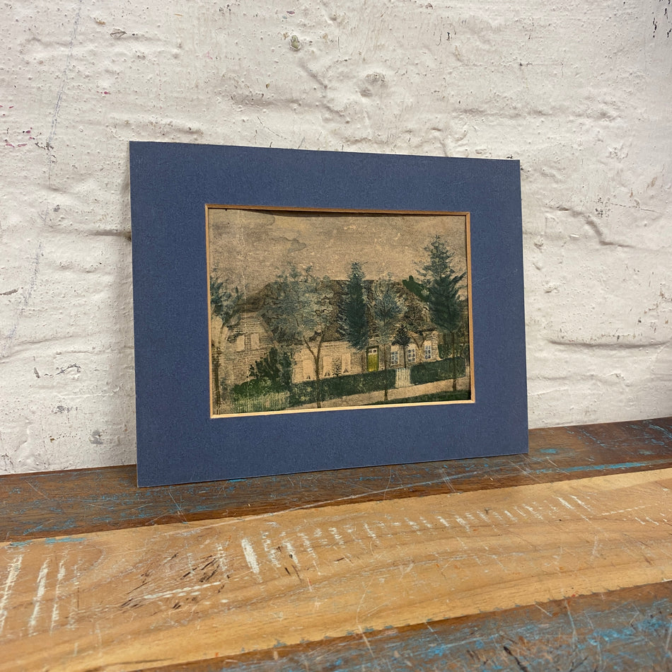 Kunst Passepartout Häuserzeile mit Bäumen Malerei