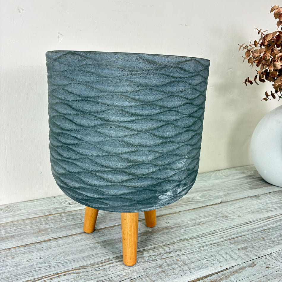 Decoris Blumentopf Groß 38cm Grau Keramik Holz Übertopf Deko