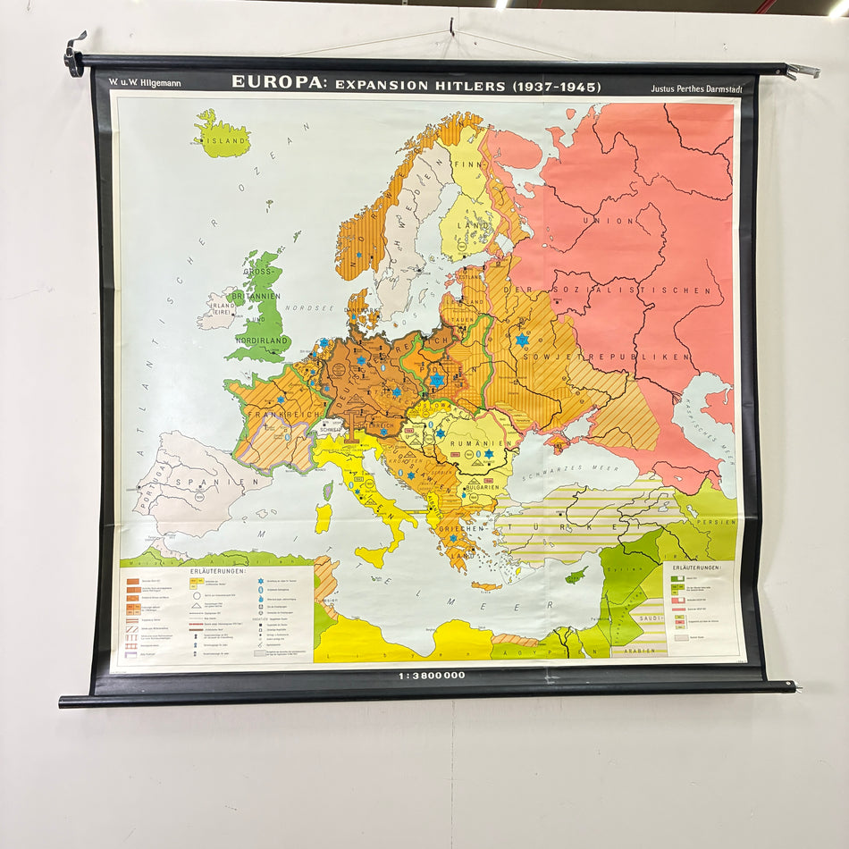 Vintage School Map – Europe – Expansion of Hitler’s Empire – History and Geography Teaching Chart, Justus Perthes, Roll Map, Used