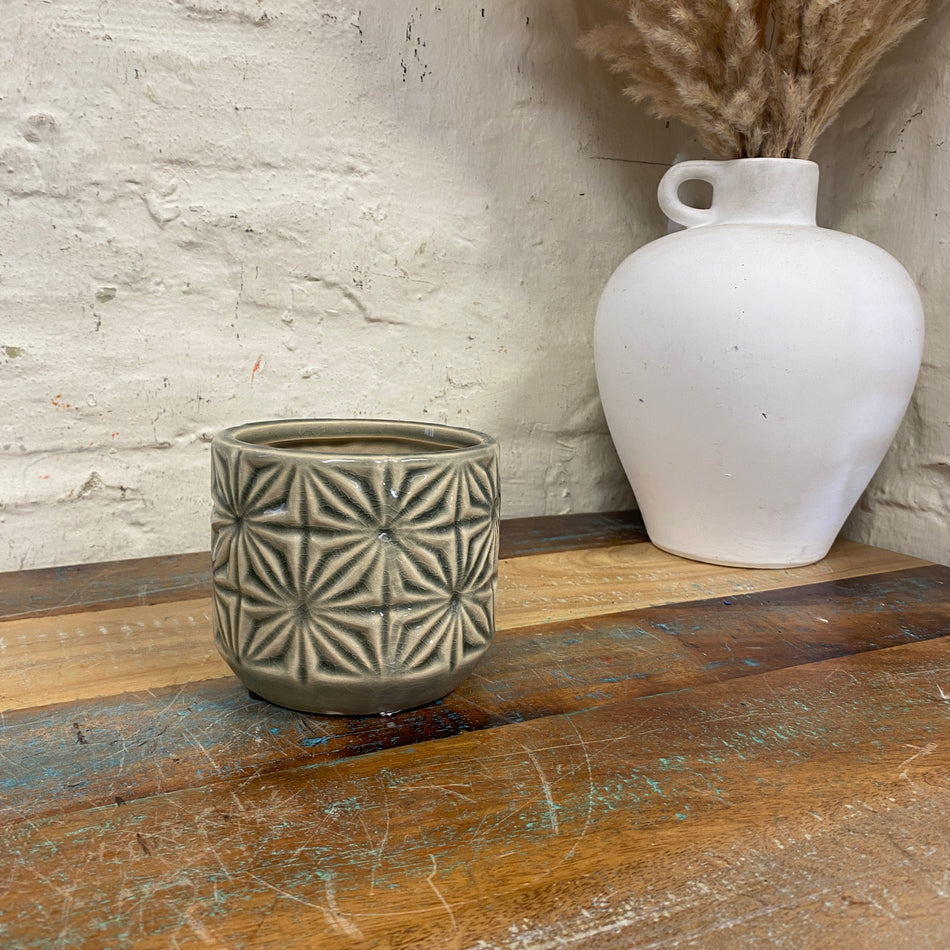 Blumentopf grau grün Keramik Deko 11cm mit Muster