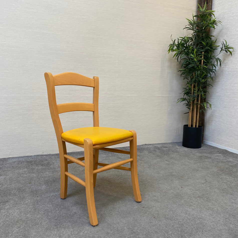 Stuhl gebraucht dunkelgelb Holz Leder Esszimmerstuhl