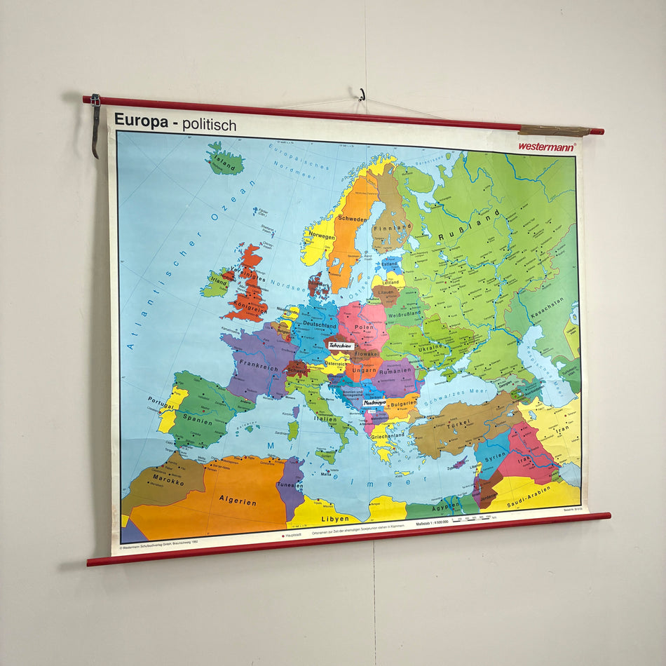 Vintage Schulkarte – Europa politisch – Geografie Lehrtafel Rollbild Wanddeko
