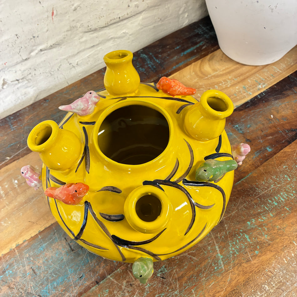 Vase gelb bunt Keramik Vogel Blumenvase Mini flach
