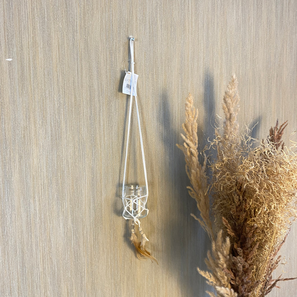 Teelichthalter Lederanhänger Boho 60cm weiß Deko