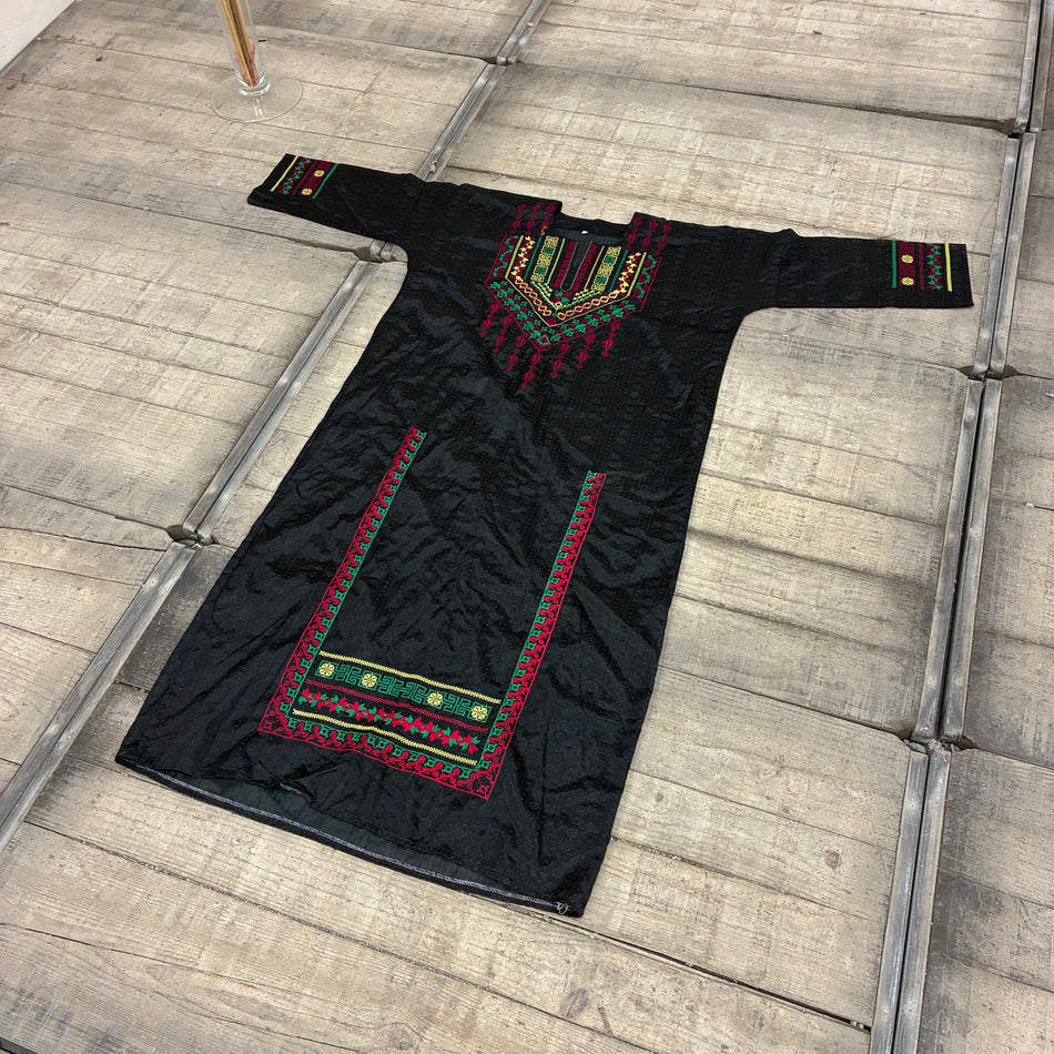 Oriental Robe Dress Wall Hanging Embroidered Black Colorful Used