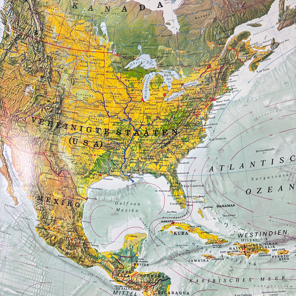 Vintage School Map – North America Obit Map – Geography Educational Chart Roll Map Used