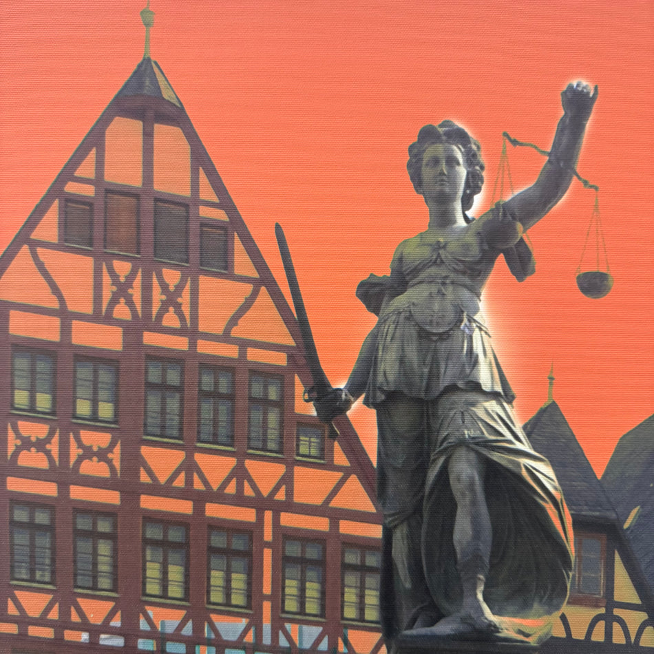 Wandbild 90x90 - Frankfurt Gerechtigkeitsbrunnen Rot - Fotodruck auf Leinwand Gebraucht
