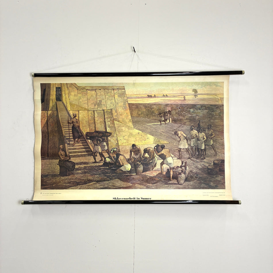 Vintage Schulkarte – Sklavenarbeit in Sumer – Geschichts-Lehrtafel Rollbild Wanddeko