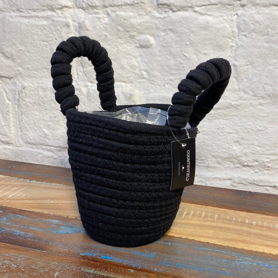 Korb Übertopf schwarz Baumwolle mit Henkel 18 cm