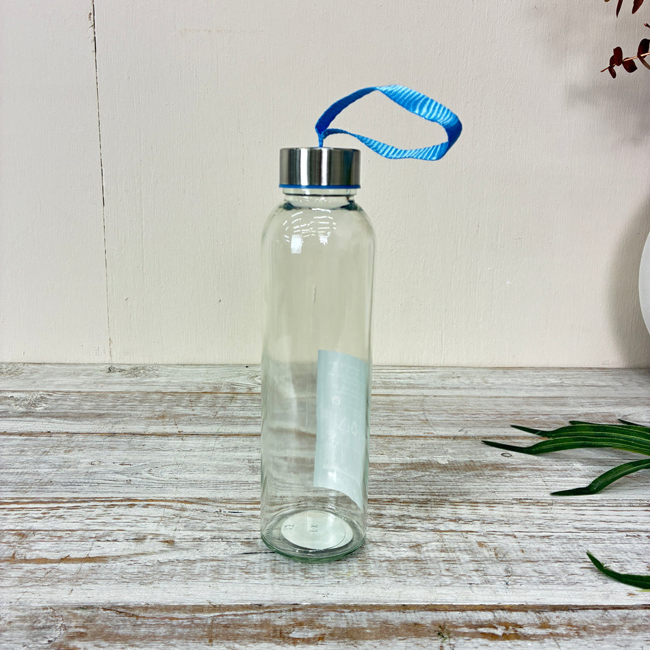 Trinkflasche 500ml Glas Transparent Blaues Band Metalldeckel Wasserflasche