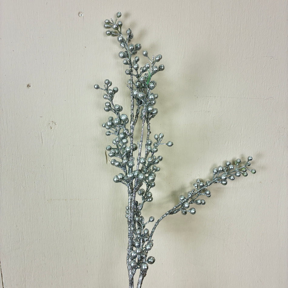 Kunstzweig Beeren 70cm Zweig Beerenzweig Silber Glitzer Kunstzweig Deko