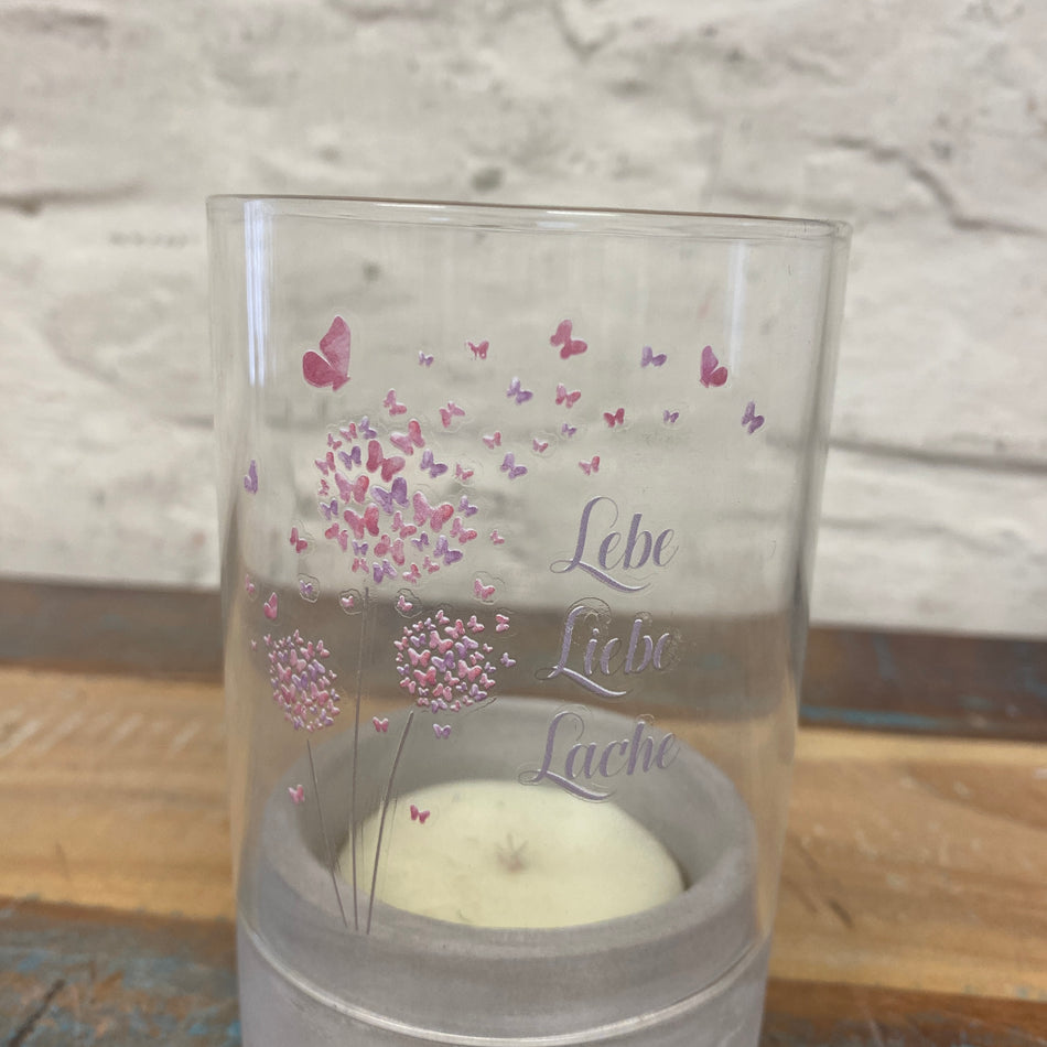 Teelichthalter pink grau Glas 13cm Zement Lebe Liebe Lache Deko