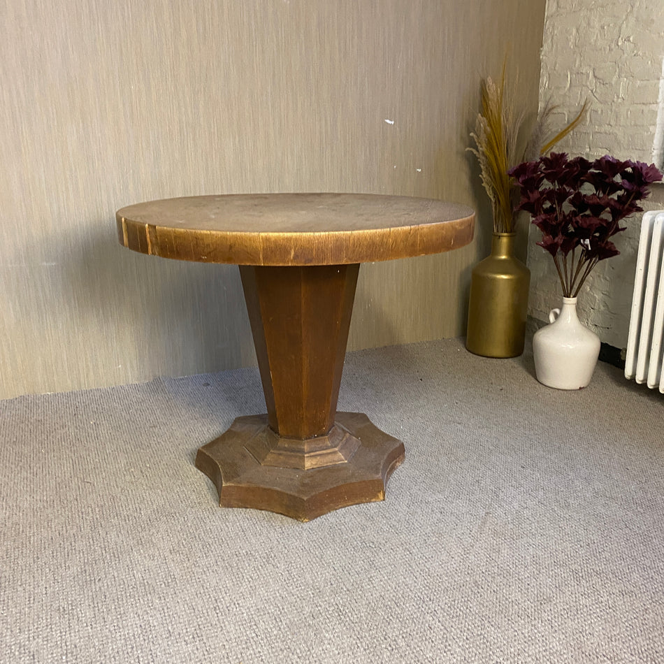 Runder Massivholz-Beistelltisch im Art-Déco Stil – Holzsäulenfuß & Sternsockel Tisch gebraucht