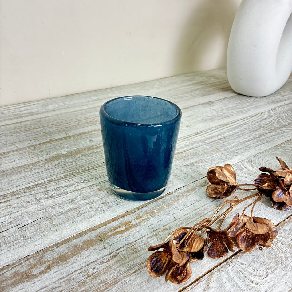 Teelichthalter Windlicht Blumentopf Pflanzentopf Glas Blau Rauchglas Becher Gebraucht