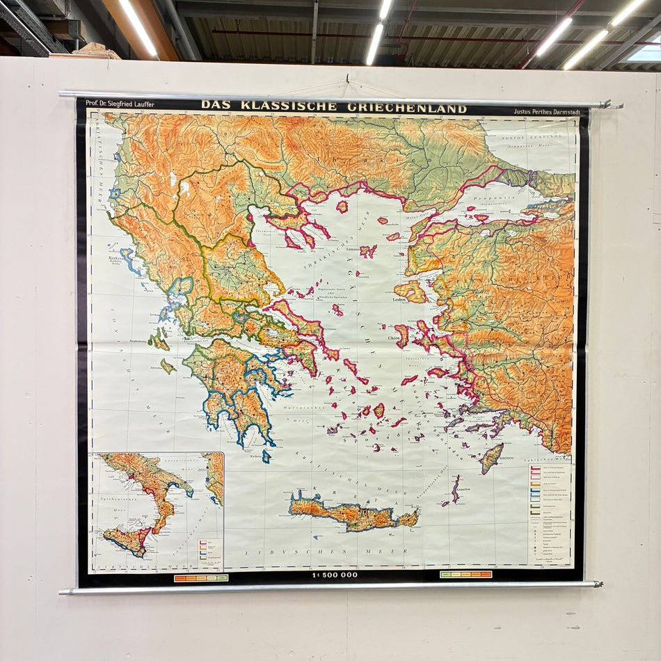 Vintage School Map – Classical Greece – History Geography Teaching Chart Justus Perthes Roll Map Used