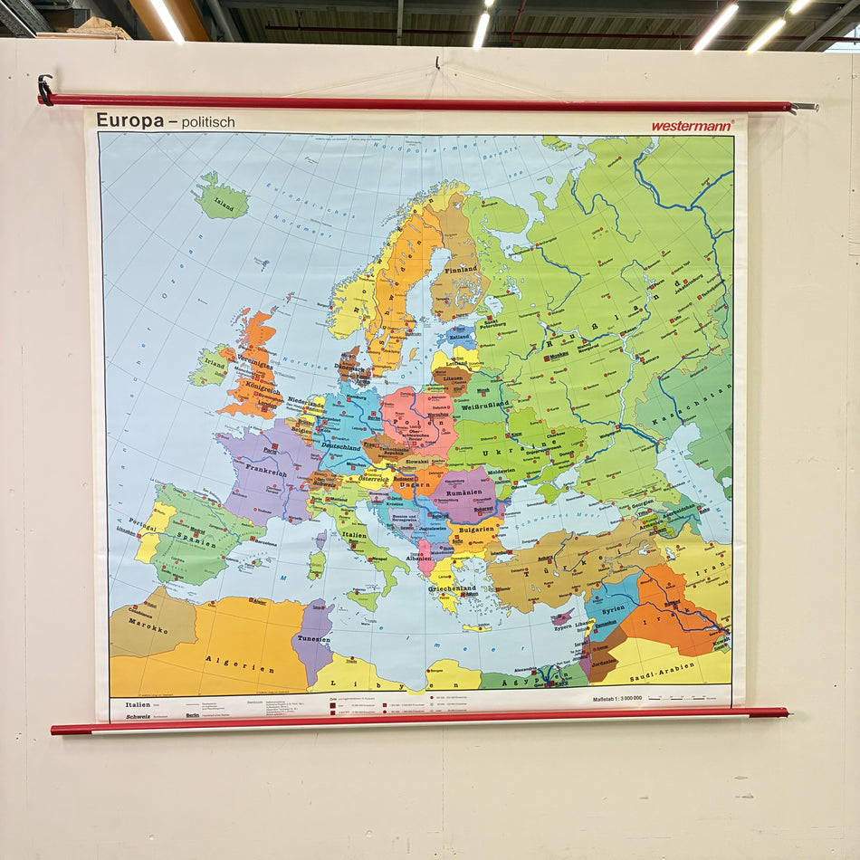 Vintage school map – Political map of Europe – Geography teaching chart, Westermann roller map, used