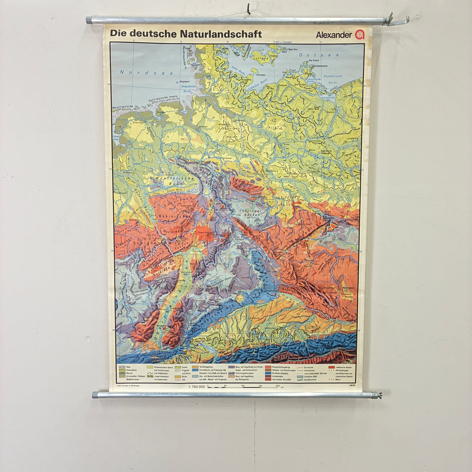 Vintage School Map – German Natural Landscapes – Geography Educational Chart Roll Map, Used