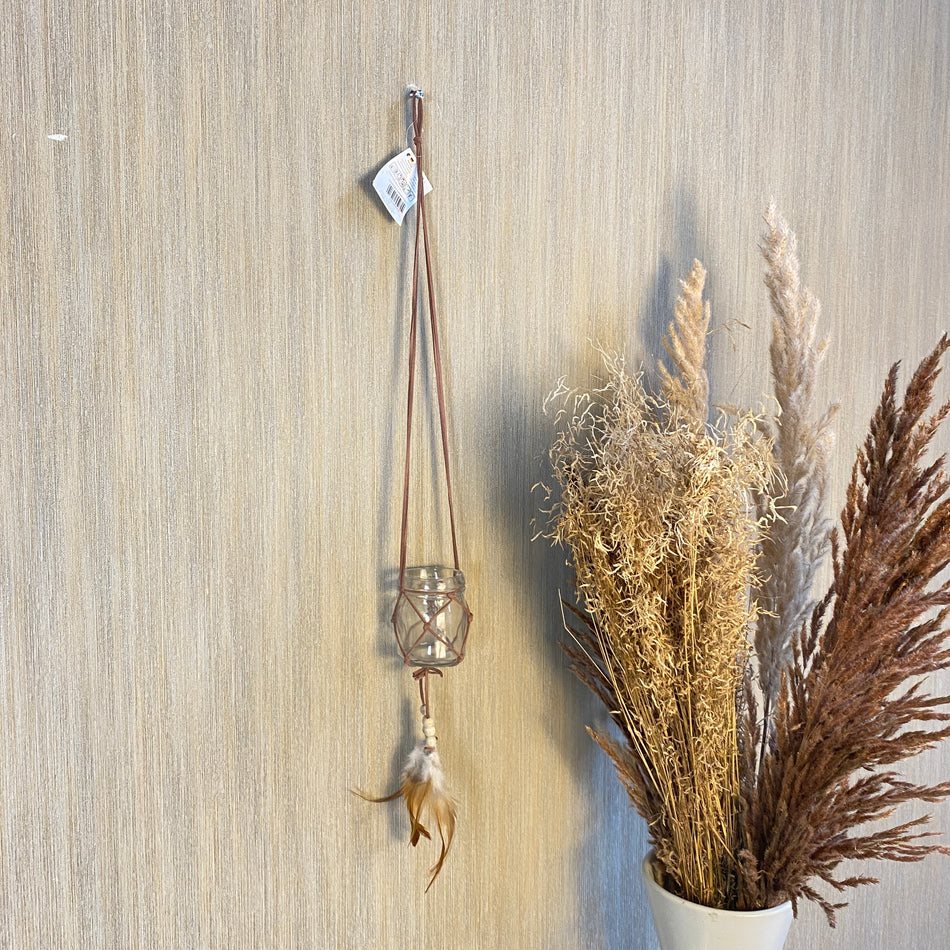 Teelichthalter Lederanhänger Boho 60cm braun Deko