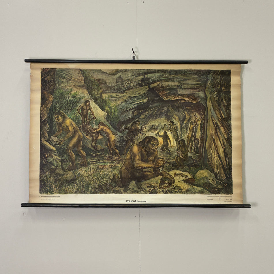 Vintage Schulkarte Urmenschen Sinanthropus Steinzeit Rollbild Lehrtafel DDR Wanddeko