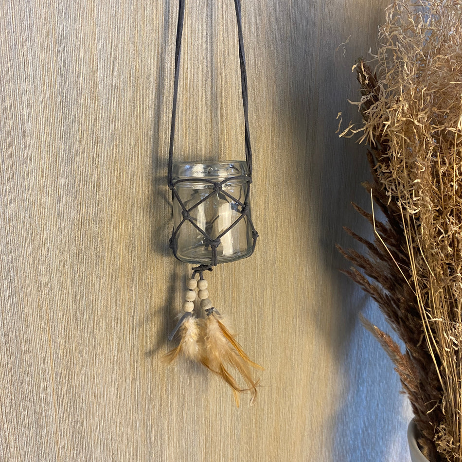 Teelichthalter Lederanhänger Boho 60cm grau Deko