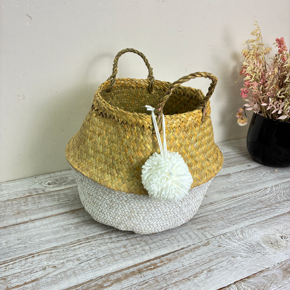 KidsDepot Aufbewahrungskorb PomPom Seegras Weiß Natur Quaste Deko