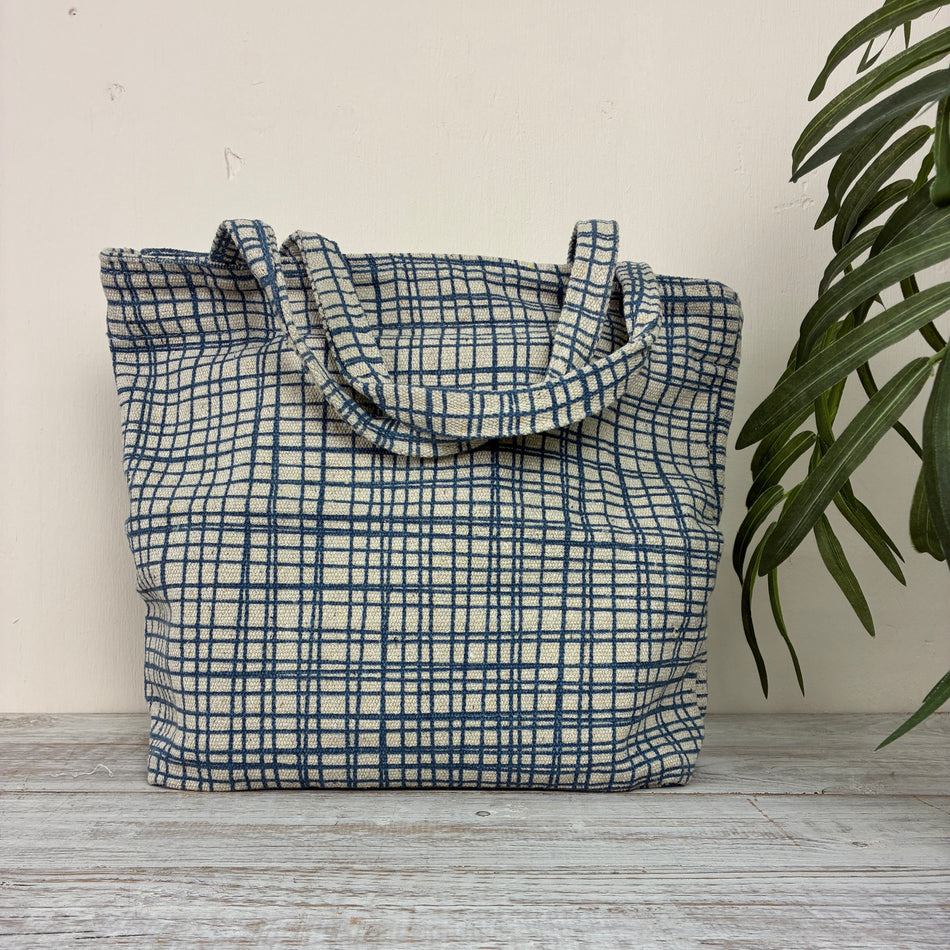Design Stofftasche Shopper Blau Weiß Kariert Baumwolle Strandtasche Neu