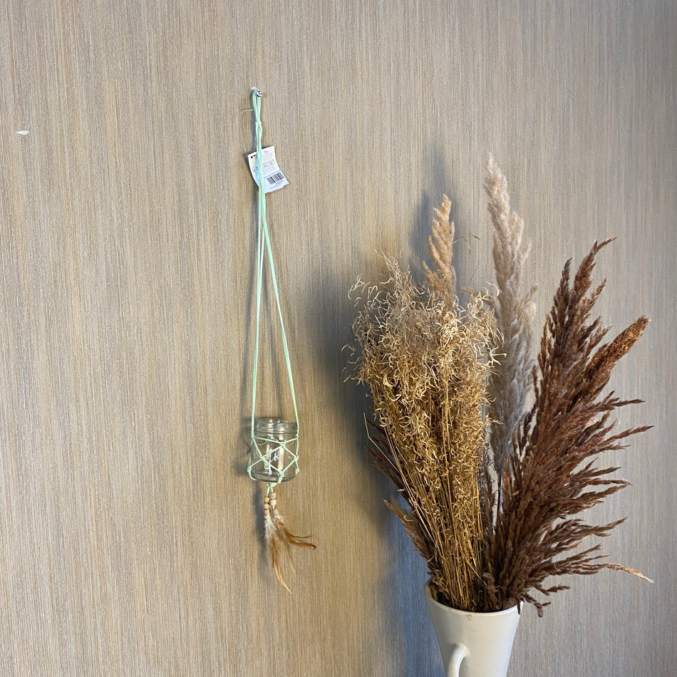 Teelichthalter Lederanhänger Boho 60cm minzgrün Deko