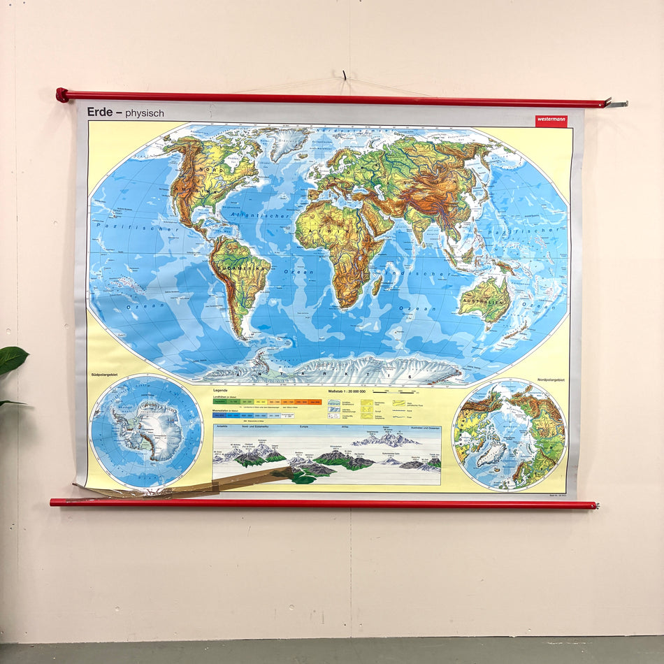 Vintage Schulkarte – Erde physisch – Geografie Lehrtafel Rollbild Wanddeko